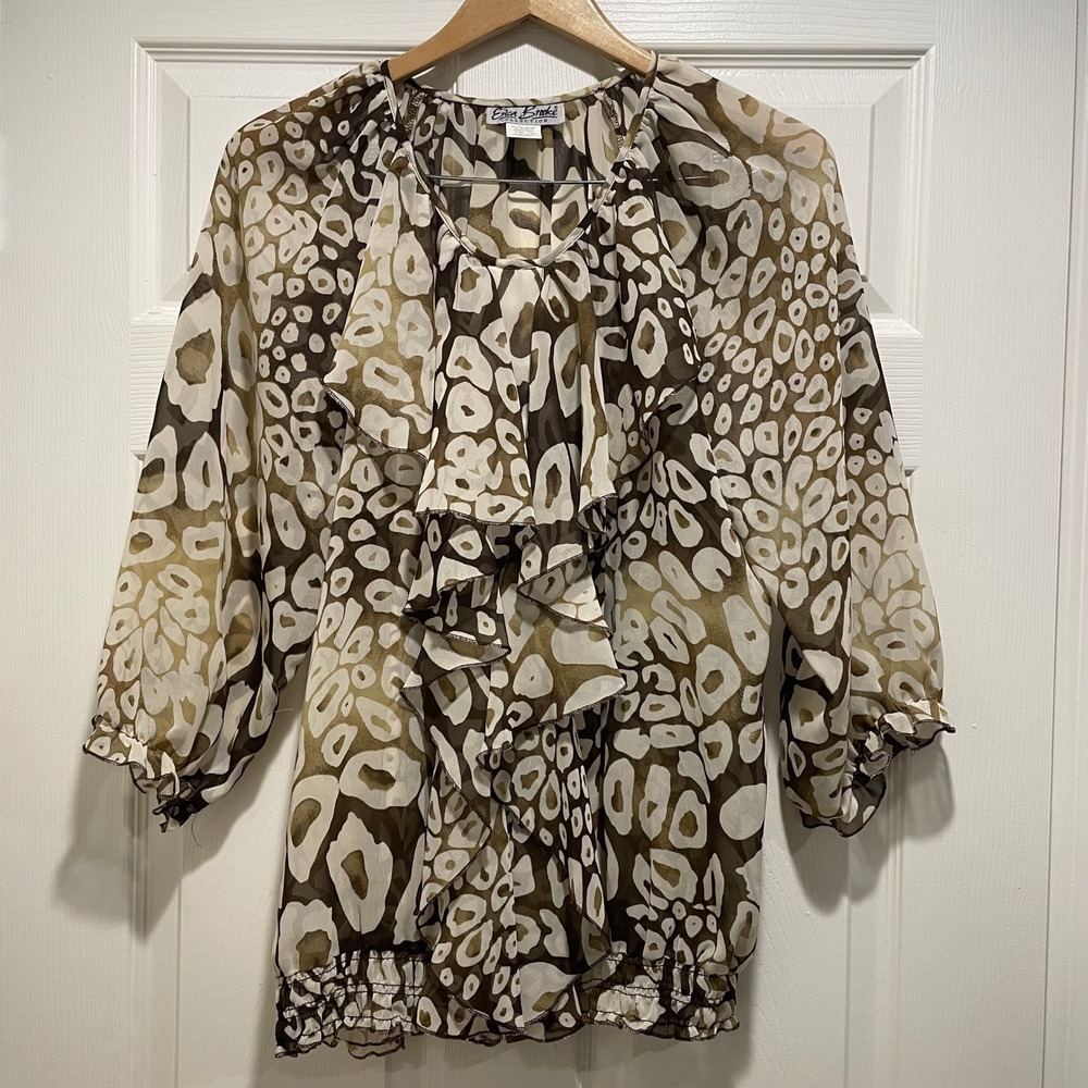 Erica Brooke Collection Blouse Women's Plus Size 16 Brown Leopard Print Ruffle